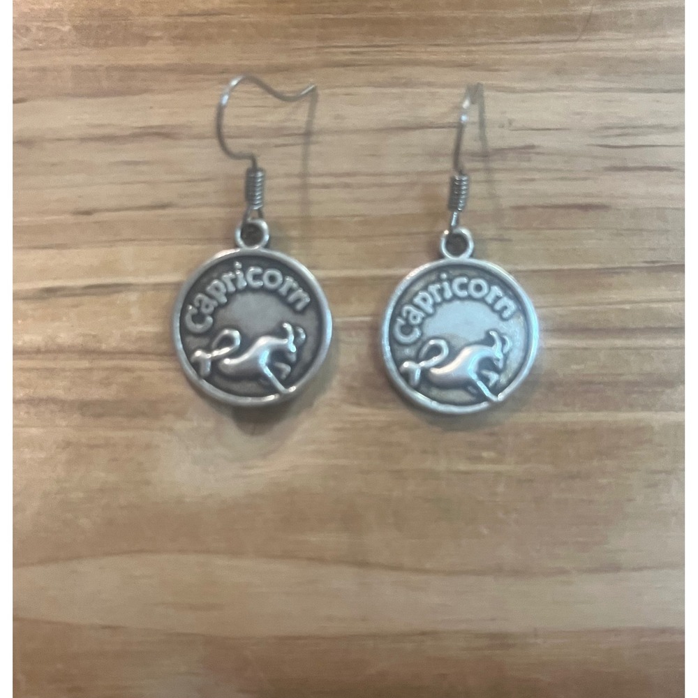 Antique Silver Capricorn Goat Zodiac Sign Stamped Metal Earrings-Boho -Gift -New - Picture 4 of 11